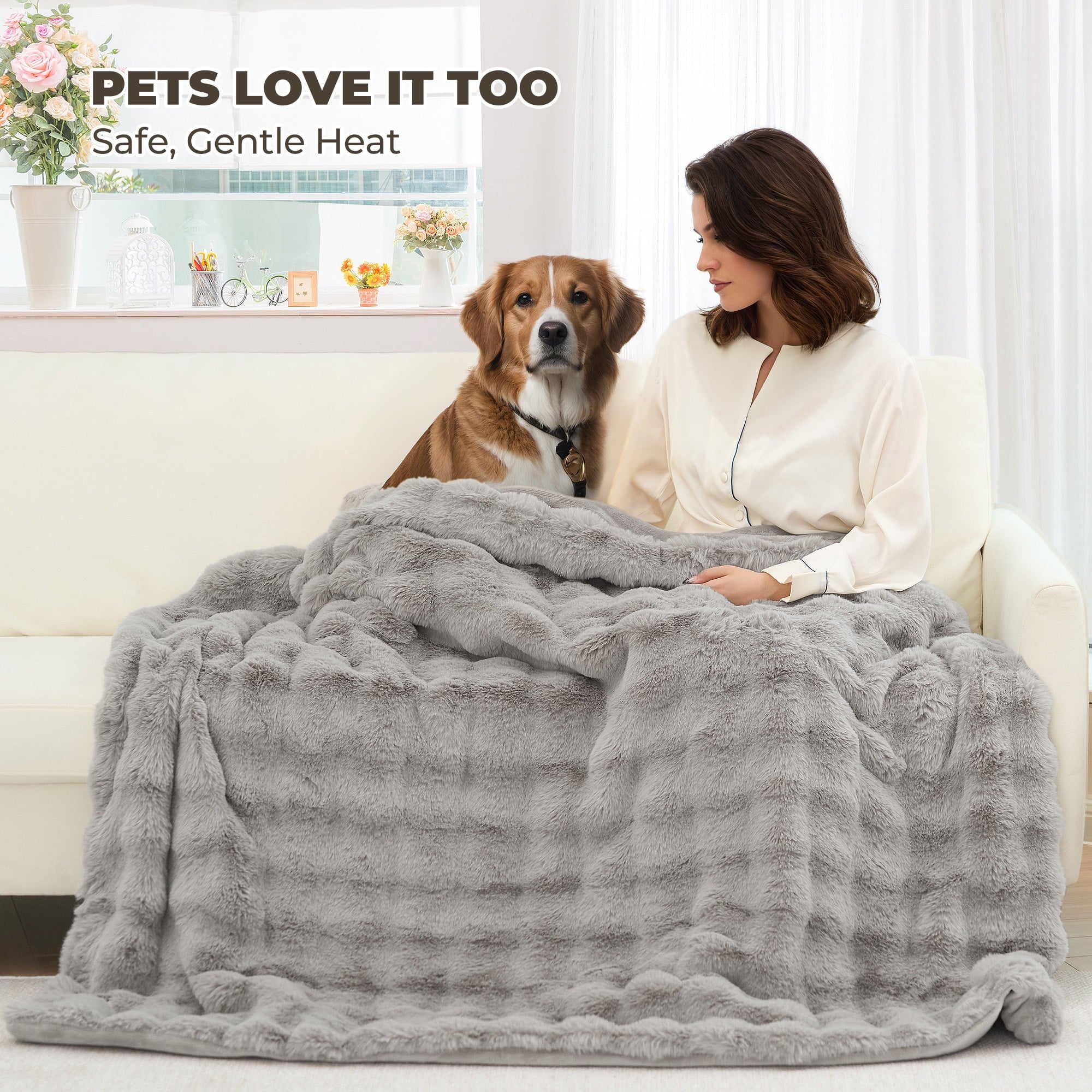 Electric Throw Blanket 50"X60", Faux Fur Heated Throw, 6 Heating Levels, 4 Hours Timer, Gray