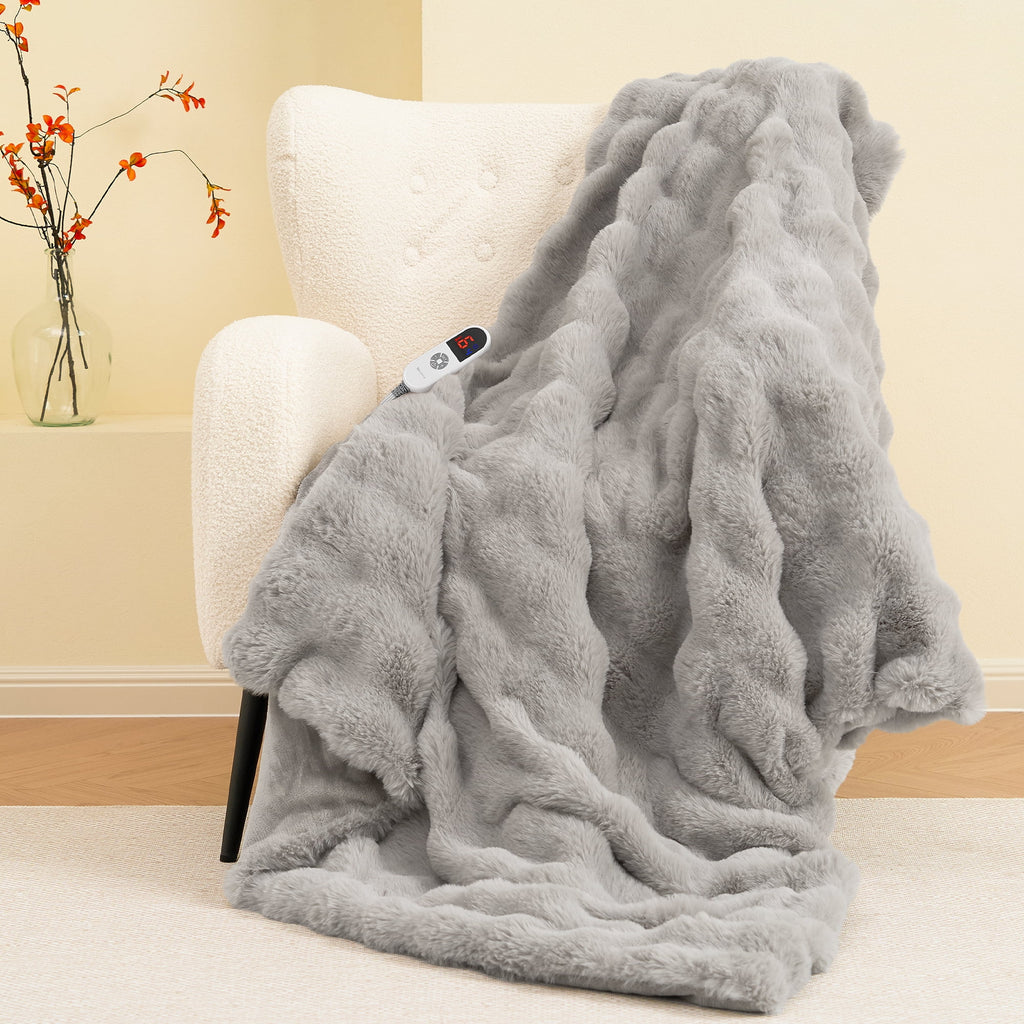 Electric Throw Blanket 50"X60", Faux Fur Heated Throw, 6 Heating Levels, 4 Hours Timer, Gray