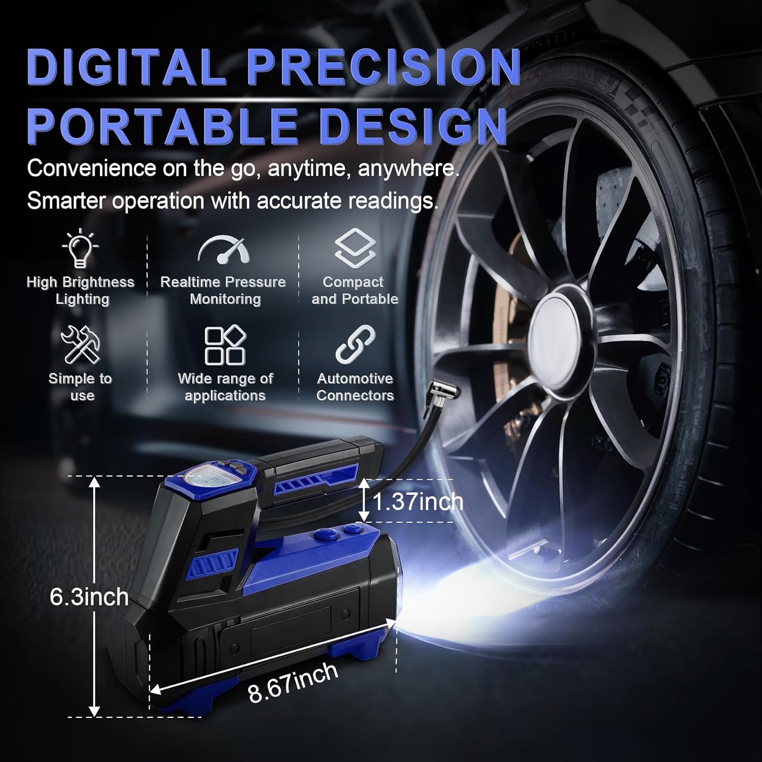 Tire Inflator Portable Air Compressor for Car Tires - Car Accessories, 12V DC Air Pump with Digital Tire Pressure Gauge, Max 150PSI with Emergency LED Lights for Car, Camper, RV, Truck