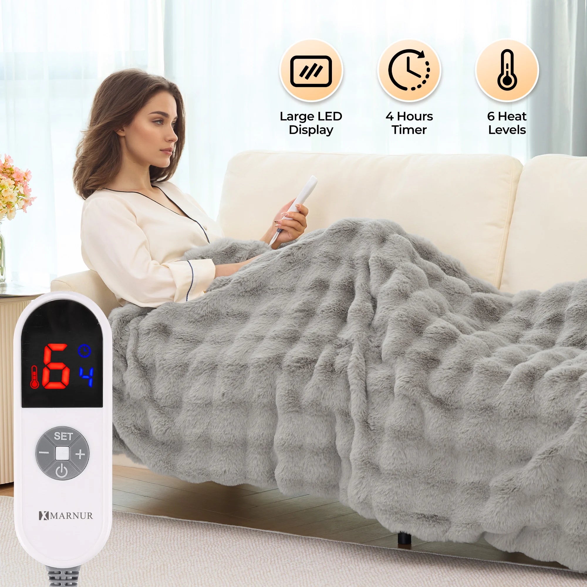 Electric Throw Blanket 50"X60", Faux Fur Heated Throw, 6 Heating Levels, 4 Hours Timer, Gray